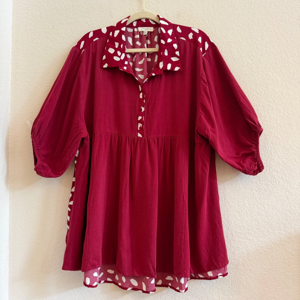 Umgee Plus Size 2XL Red Linen Blend Babydoll Tunic Top Abstract Print Maroon